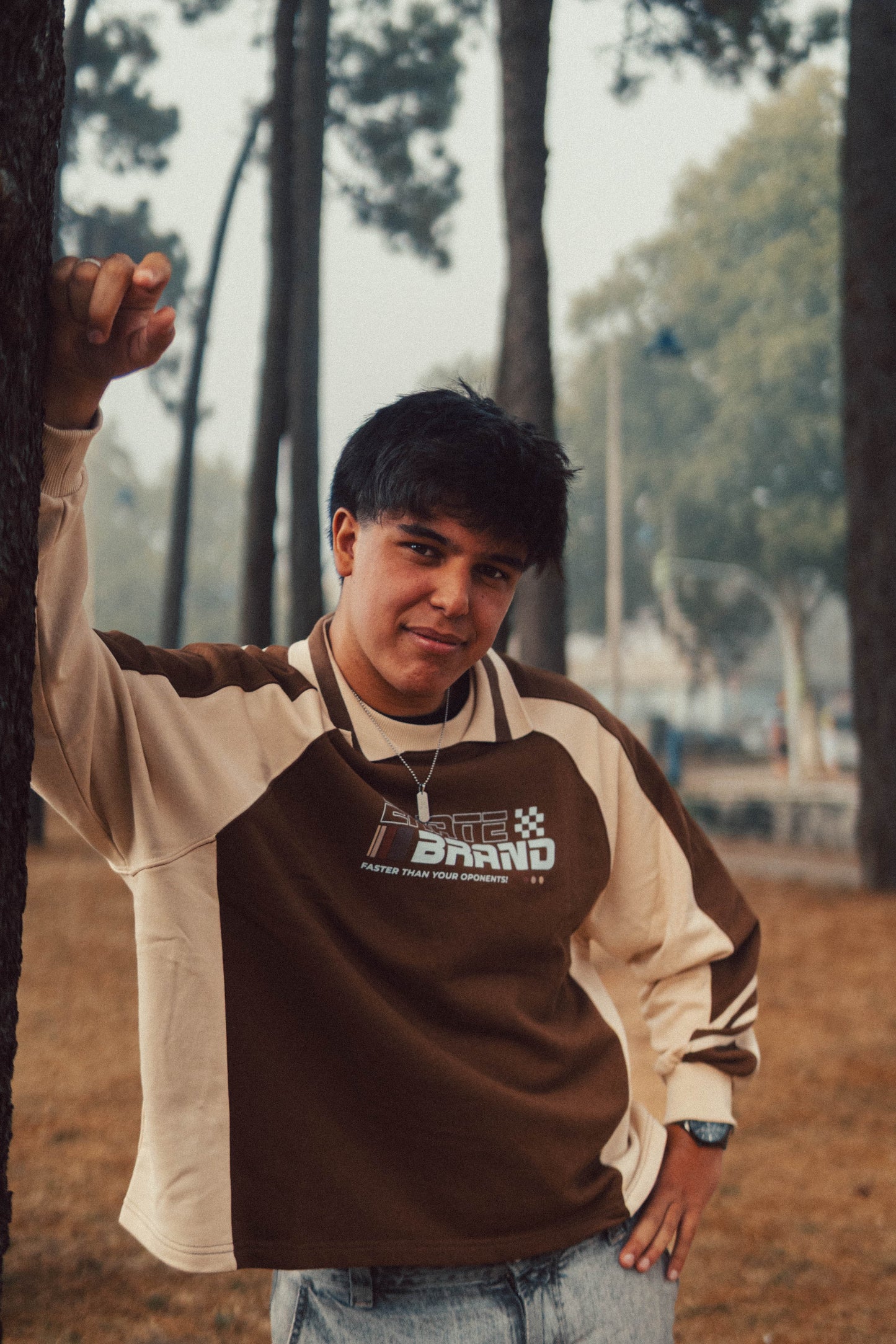RACING BROWN POLO CREWNECK